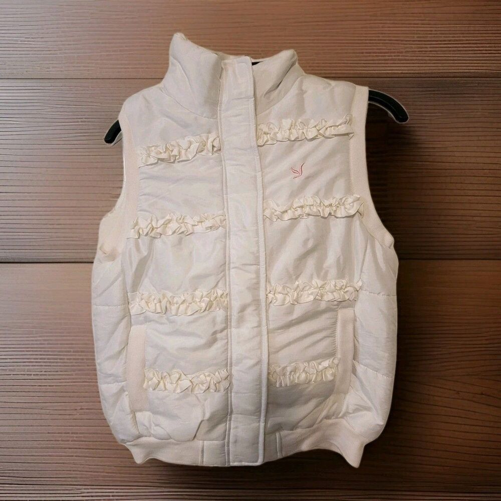 Snozu Girls White Puffer Vest 14/16 Sleeveless Zip Front Pockets Ruffles Winter